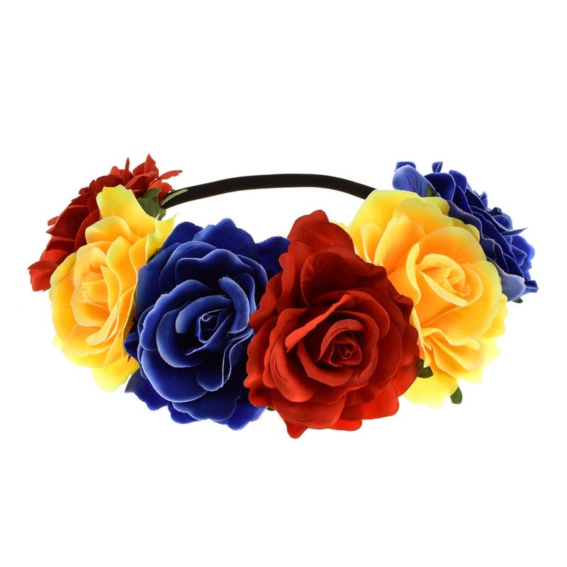 June Bloomy Rose Floral Crown Garland Flower Headband Headpiece for Wedding Festival (Red Yellow Blue) - Image 1
